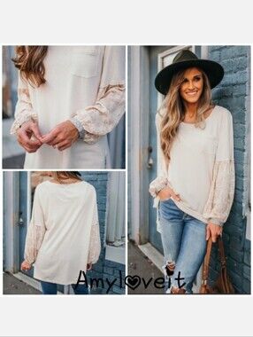 We The Free Size L Cream Balloon Sleeve Pocket Top Boho Patterns On Sleeves